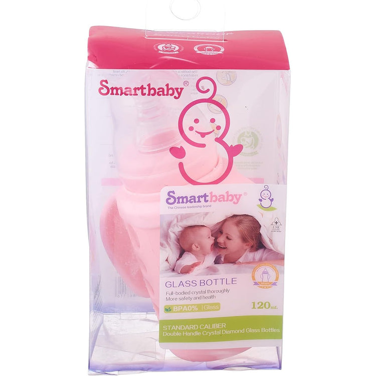 Smart Baby Printed Glass Feeder with Cover and Handle, 120 ml - Pink