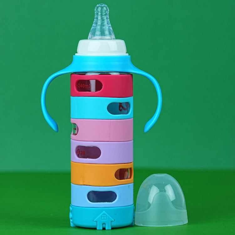 240ml Glass Baby Bottle Rainbow Silicone Sleeve & Handles Anti-Colic 12m+